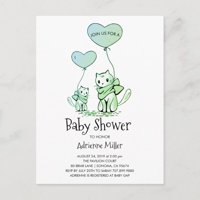 Whimsical Kittens and Balloons Boy Baby Shower Invitation Postcard (Front)