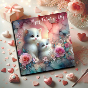 Whimsical Kittens Watercolor Floral Valentine Holiday Card