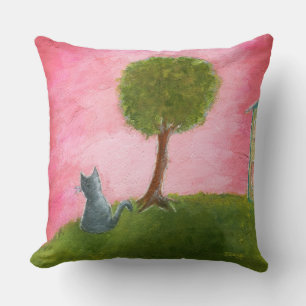 Whimsical Kitty Cat Folk Art Painting Pink Sky Cushion