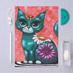 Whimsical Kitty Cat on Rug Floral Teal Decoupage Tissue Paper