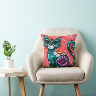Whimsical Kitty Cat Sitting on Rug Floral Teal Cushion
