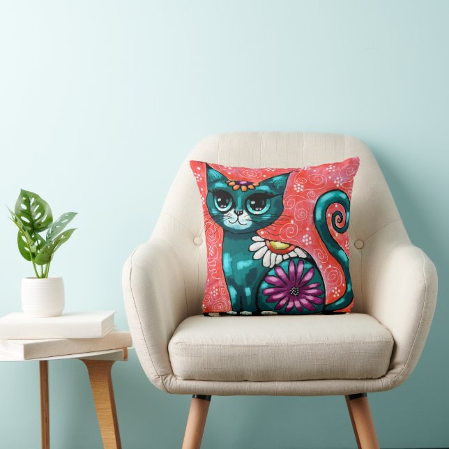 Whimsical Kitty Cat Sitting on Rug Floral Teal Cushion (Chair)