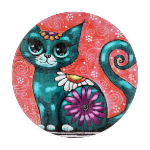 Whimsical Kitty Cat Sitting on Rug Floral Teal Cutting Board