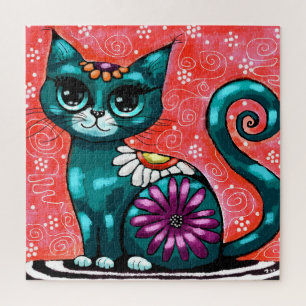Whimsical Kitty Cat Sitting on Rug Floral Teal Jigsaw Puzzle