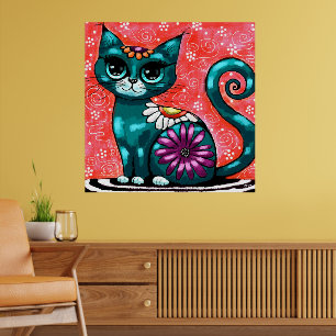 Whimsical Kitty Cat Sitting on Rug Floral Teal Poster