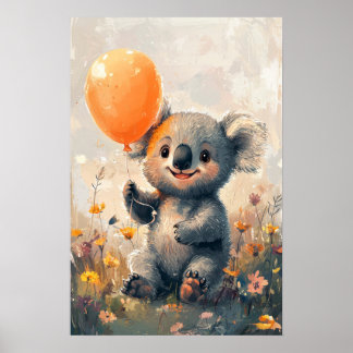 Whimsical Koala with Orange Balloon in Meadow Digi Poster