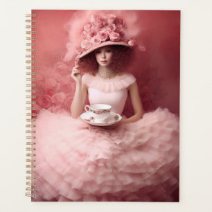 Whimsical Lady in Pink with Teacup Planner
