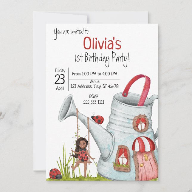Whimsical LadyBug Garden House Swing 1st Birthday  Invitation (Front)