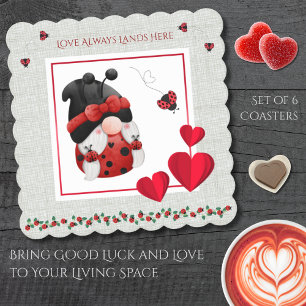 Whimsical Ladybug Love Always Lands Here Gnome Paper Coaster