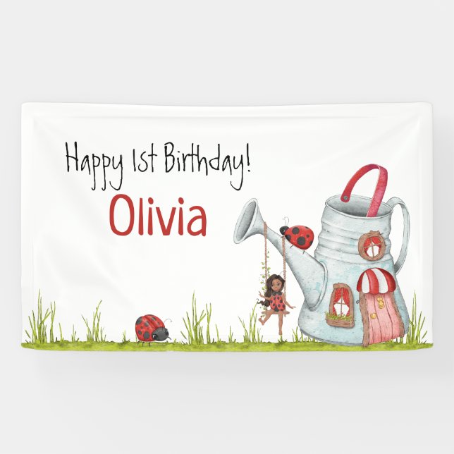 Whimsical LadyBug Swing Garden House 1st Birthday Banner (Horizontal)