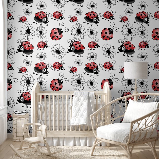 Whimsical Ladybugs And Flowers Large Wallpaper (Kids)