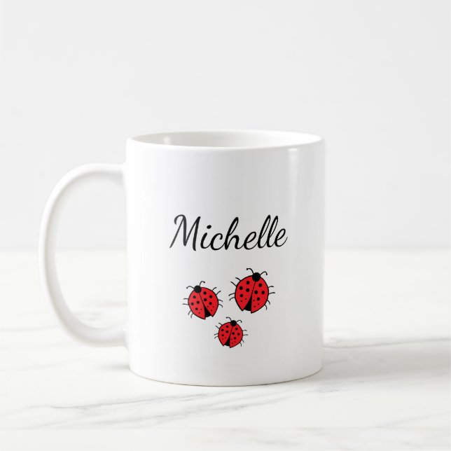 Whimsical Ladybugs Illustration Cute Personalised  Coffee Mug (Left)