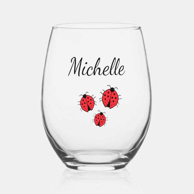 Whimsical Ladybugs Illustration Cute Personalised  Stemless Wine Glass (Front)