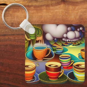 Whimsical Land of Coffee Cups Key Ring