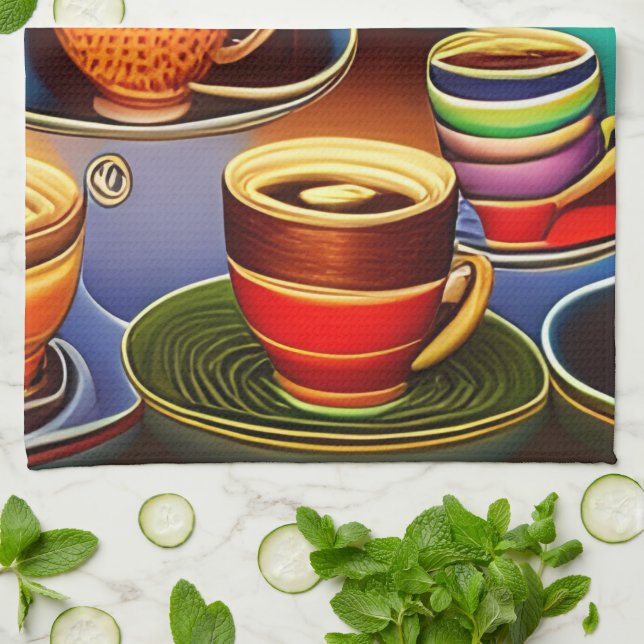 Whimsical Land of Coffee Cups  Tea Towel (Folded)