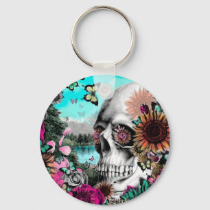Whimsical Landscape skull with florals Key Ring