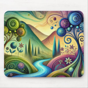 Whimsical Landscape with Swirling Trees and River Mouse Pad