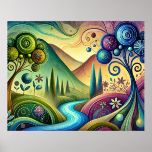 Whimsical Landscape with Swirling Trees and River Poster