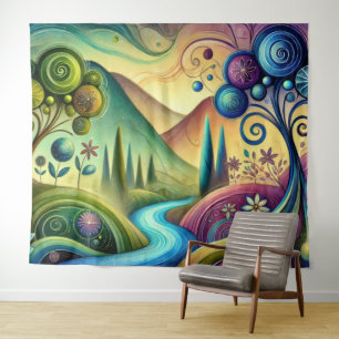 Whimsical Landscape with Swirling Trees and River Tapestry