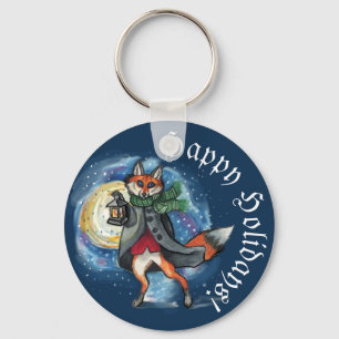 Whimsical Lantern Fox in the Snow-Holiday Key Ring