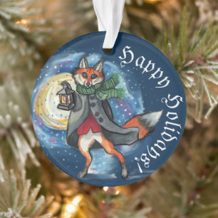 Whimsical Lantern Fox in the Snow-Holiday Ornament