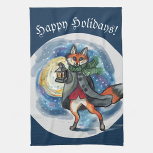 Whimsical Lantern Fox in the Snow-Holiday Tea Towel