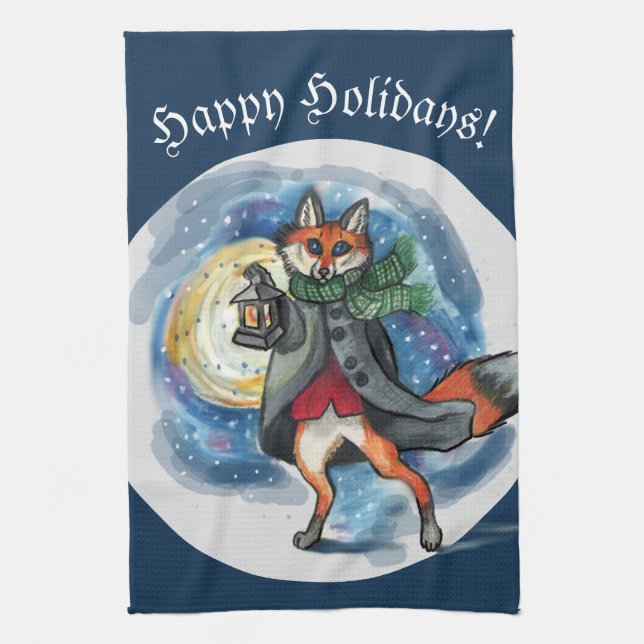 Whimsical Lantern Fox in the Snow-Holiday Tea Towel (Vertical)