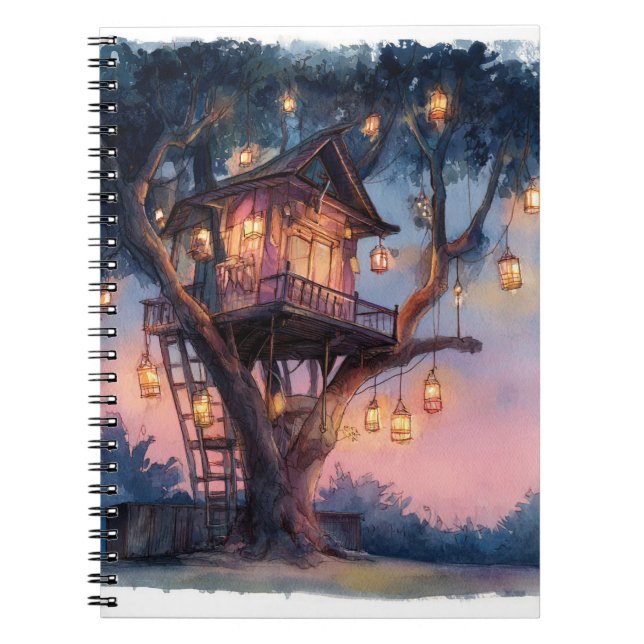 Whimsical Lantern Treehouse Twilight Art Notebook (Front)
