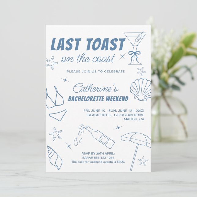 Whimsical Last Toast On The Coast Bachelorette  In Invitation (Standing Front)