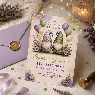 Whimsical Lavender Gnome Birthday Party Invitation