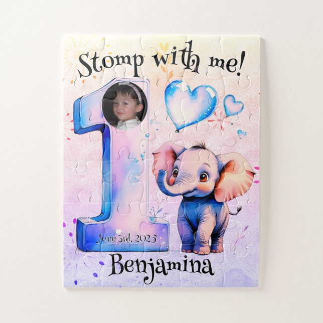Whimsical Lavender Pink Elephant 1st Birthday Jigsaw Puzzle (Vertical)