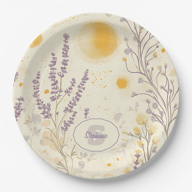 Whimsical Lavender & Yellow Floral Pattern Paper Plate (Front)