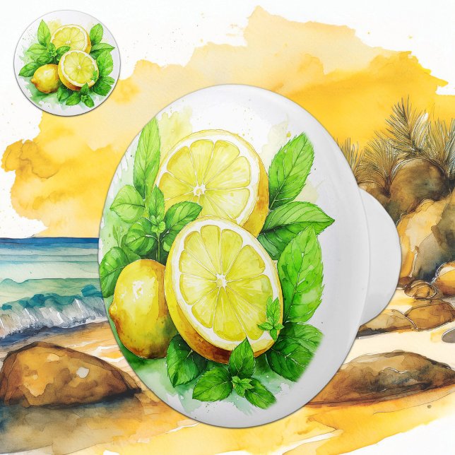 Whimsical Lemons and Mint Sprigs Illustration Ceramic Knob (Creator Uploaded)