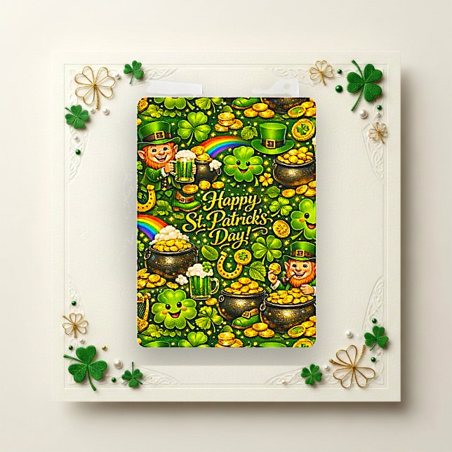 Whimsical Leprechaun Gold Shamrock Festive Pattern Holiday Card (Creator Uploaded)