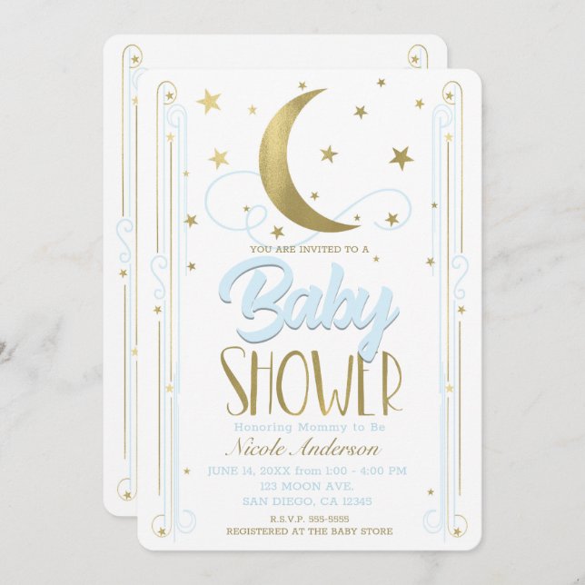 Whimsical Light Blue & Gold Moon Stars Baby Shower Invitation (Front/Back)