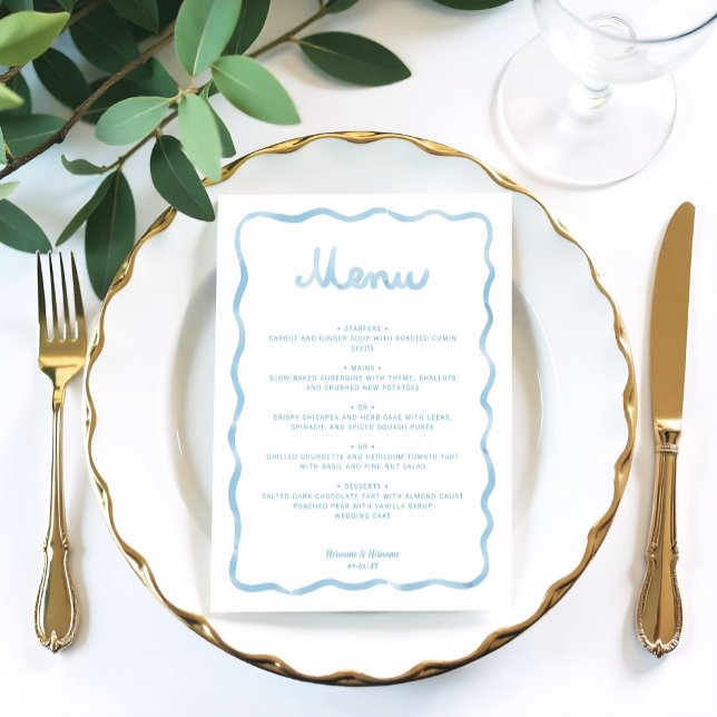 Whimsical Light Blue White Wavy Frame Wedding Menu (Creator Uploaded)