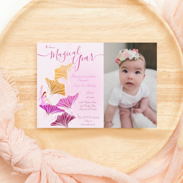Whimsical Light Pink Fairy First Photo Birthday Invitation (Creator Uploaded)