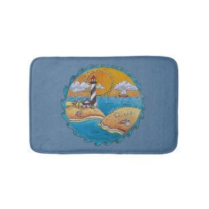 Whimsical Lighthouse Beach Scene Coastal Folk Art Bath Mat