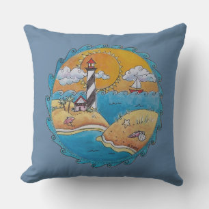 Whimsical Lighthouse Beach Scene Coastal Folk Art Cushion