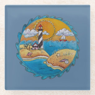 Whimsical Lighthouse Beach Scene Coastal Folk Art Glass Coaster