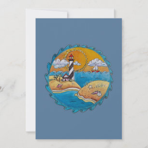 Whimsical Lighthouse Beach Scene Coastal Folk Art  Invitation