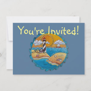 Whimsical Lighthouse Beach Scene Coastal Folk Art Invitation
