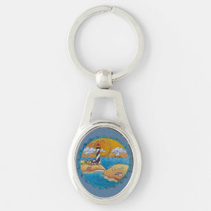 Whimsical Lighthouse Beach Scene Coastal Folk Art  Key Ring