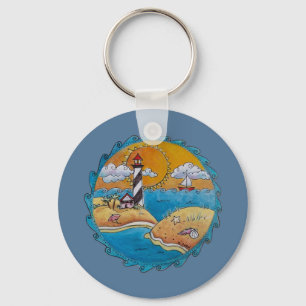 Whimsical Lighthouse Beach Scene Coastal Folk Art Key Ring