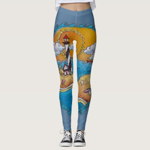Whimsical Lighthouse Beach Scene Coastal Folk Art  Leggings