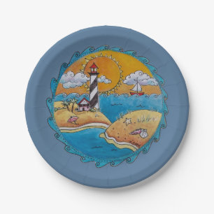 Whimsical Lighthouse Beach Scene Coastal Folk Art Paper Plate