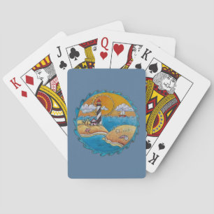 Whimsical Lighthouse Beach Scene Coastal Folk Art Playing Cards