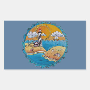 Whimsical Lighthouse Beach Scene Coastal Folk Art Rectangular Sticker