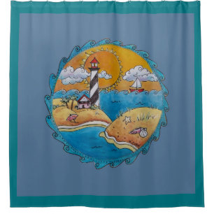Whimsical Lighthouse Beach Scene Coastal Folk Art Shower Curtain