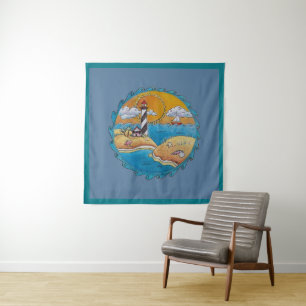 Whimsical Lighthouse Beach Scene Coastal Folk Art Tapestry